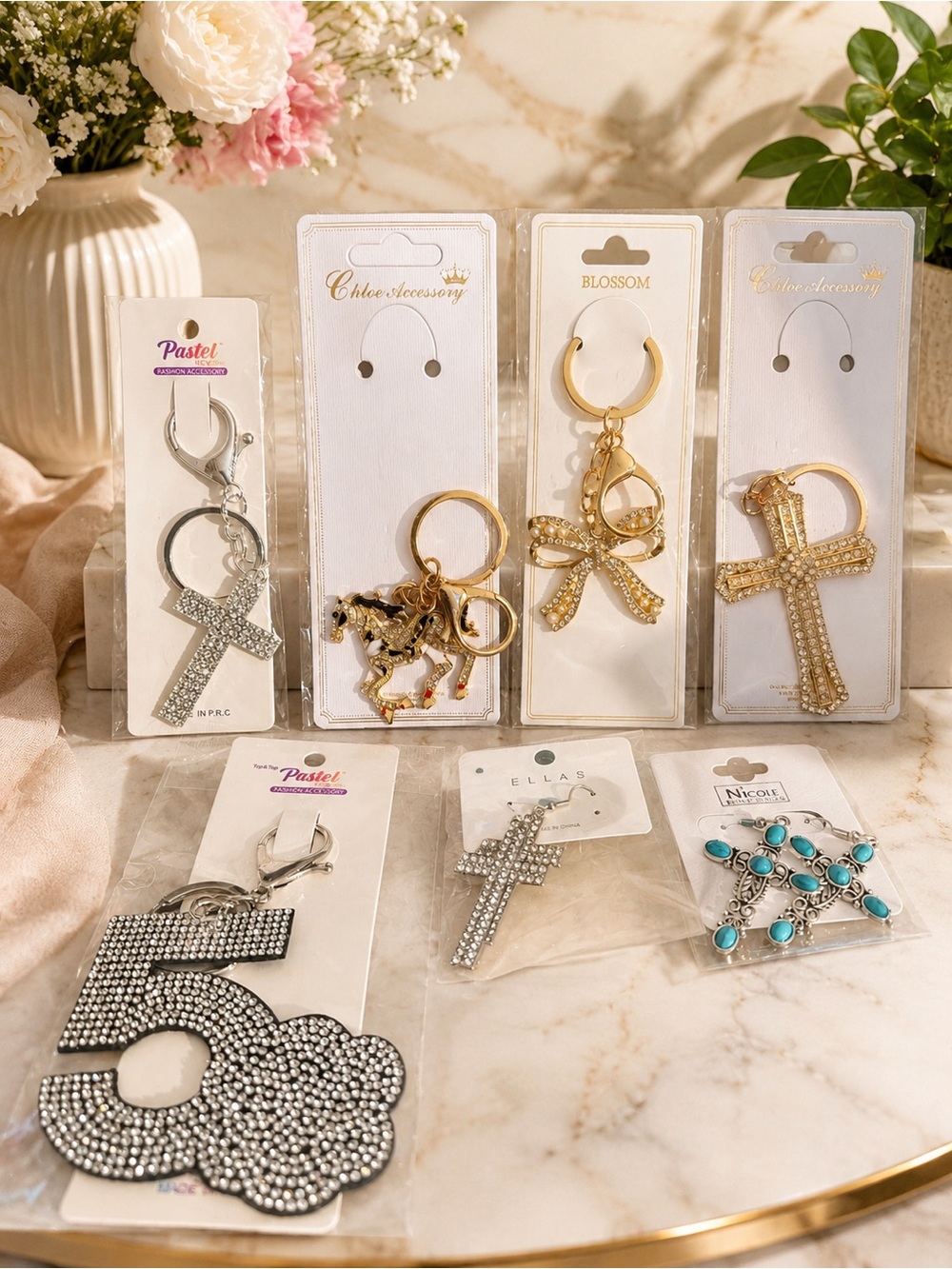 Gold Rhinestone Cross Keychain -